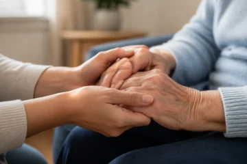 يدان شابتان تمسكان برفق يدي شخص مسن