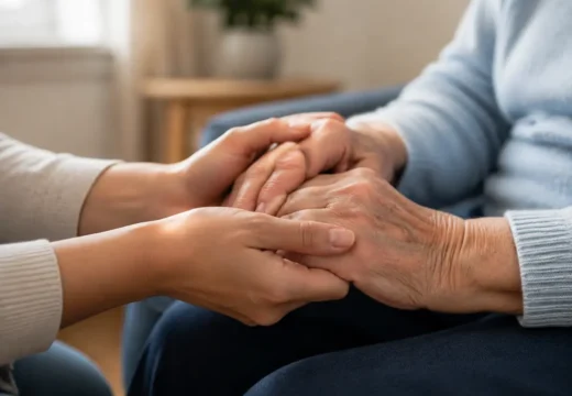 يدان شابتان تمسكان برفق يدي شخص مسن