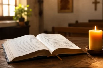 كتاب مقدس مفتوح بجانب شمعة مضاءة في مكان للصلاة