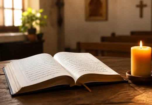 كتاب مقدس مفتوح بجانب شمعة مضاءة في مكان للصلاة