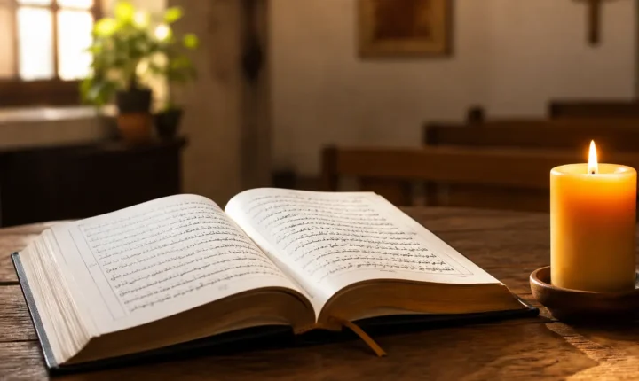 كتاب مقدس مفتوح بجانب شمعة مضاءة في مكان للصلاة