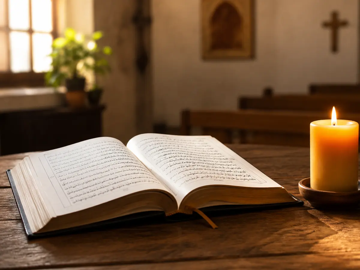 كتاب مقدس مفتوح بجانب شمعة مضاءة في مكان للصلاة