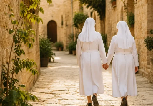 أختان تسيران معاً في طريق حجري